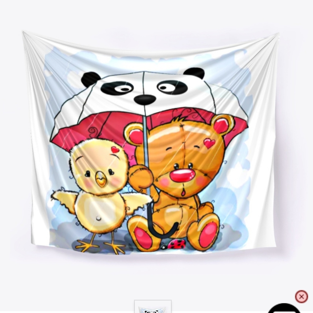 Teddy bead and chick under umbrella tapestry